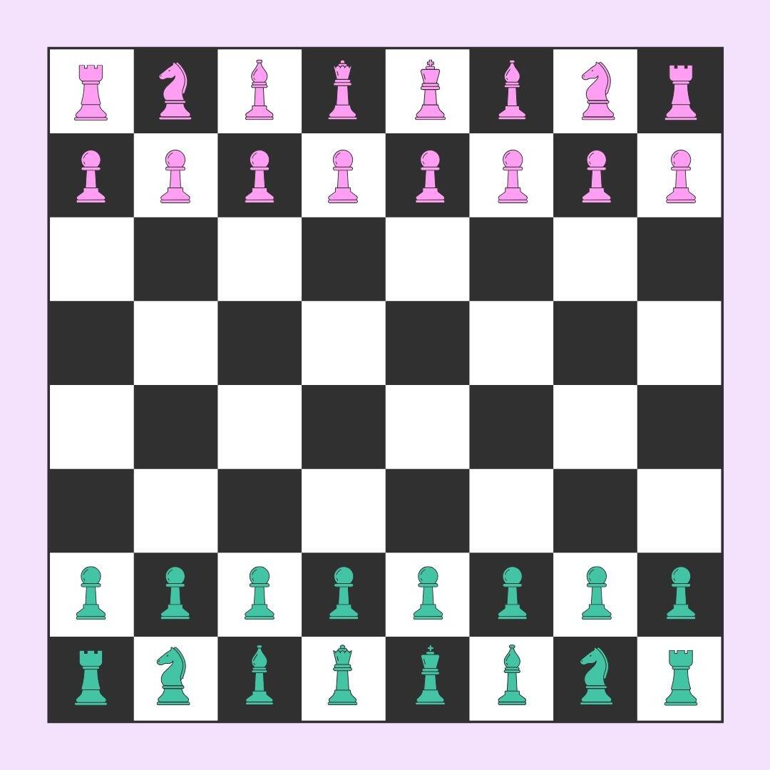 Un tablero de ajedrez preparado para un juego, con piezas rosas en la parte superior y piezas verdes en la parte inferior, con un patr&oacute;n de cuadros cl&aacute;sico.